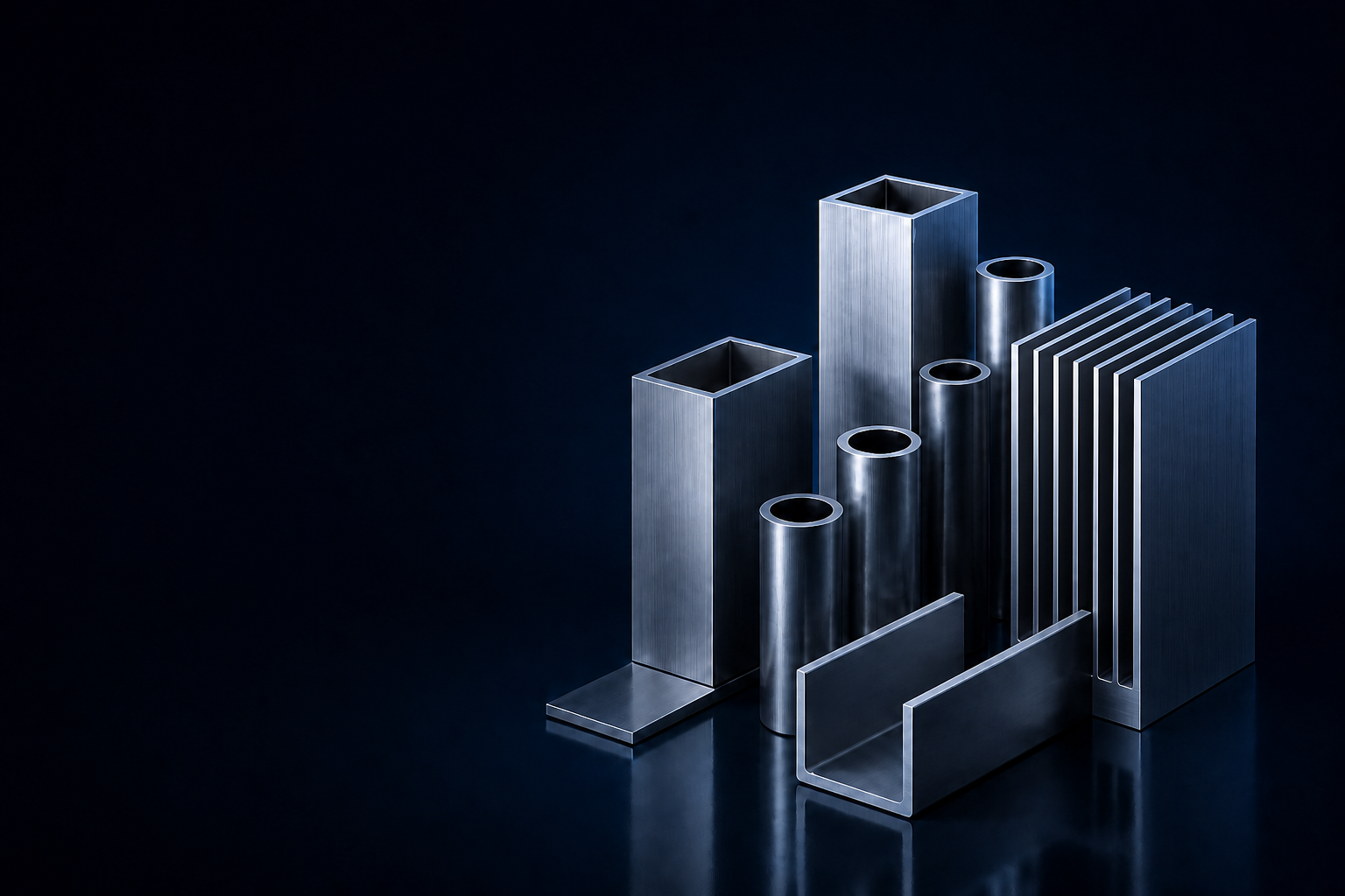 Aluminium box, tube and heat-sink extrusion profiles with navy reflections